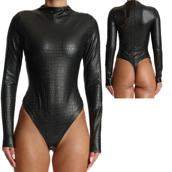 Naked Wardrobe Black Bodysuit Croc-Embossed Long Sleeves Women Size X Large - Picture 1 of 12